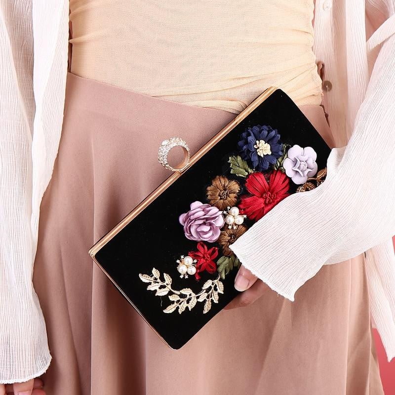 Luxy Moon Black Evening Clutch Bags Handmade Embroidery Flower