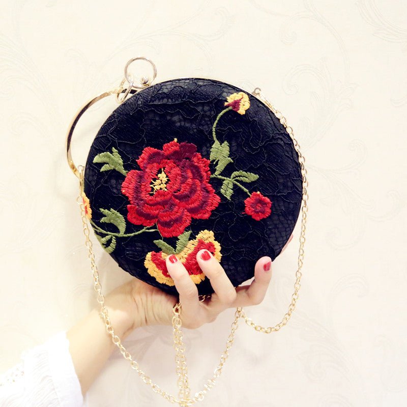 Luxy Moon Embroidered Round Flower Black Evening Bag