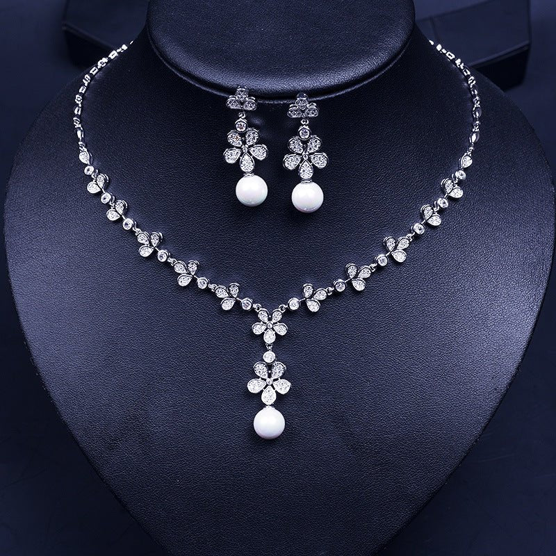 Luxy Moon Pearl Flower Pendant Cubic Zirconia Wedding Jewelry Sets For Women