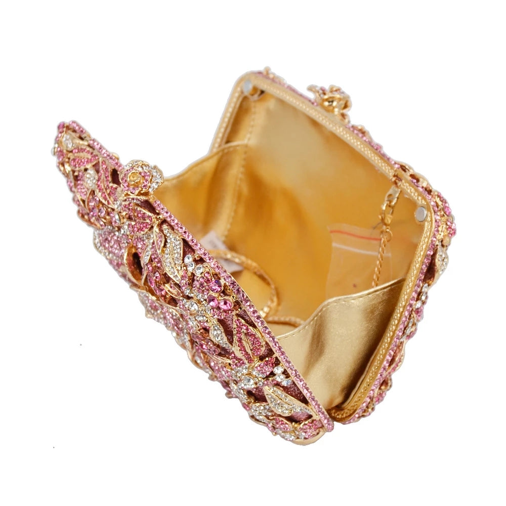 Luxy Moon Sparkling Flower Clutch Gold Pink Purse For Wedding