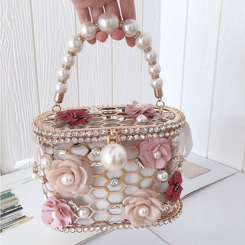 Luxy Moon Wedding Clutch Purse Flower Pearl Handbag Rhinestone Bucket Bag