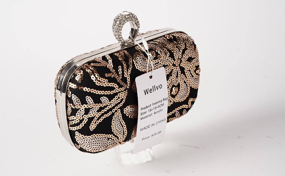 Wellvo Bag Glitter Lady Wedding Purse Rhinestones Handbags Black Evening Clutch Bags for Women
